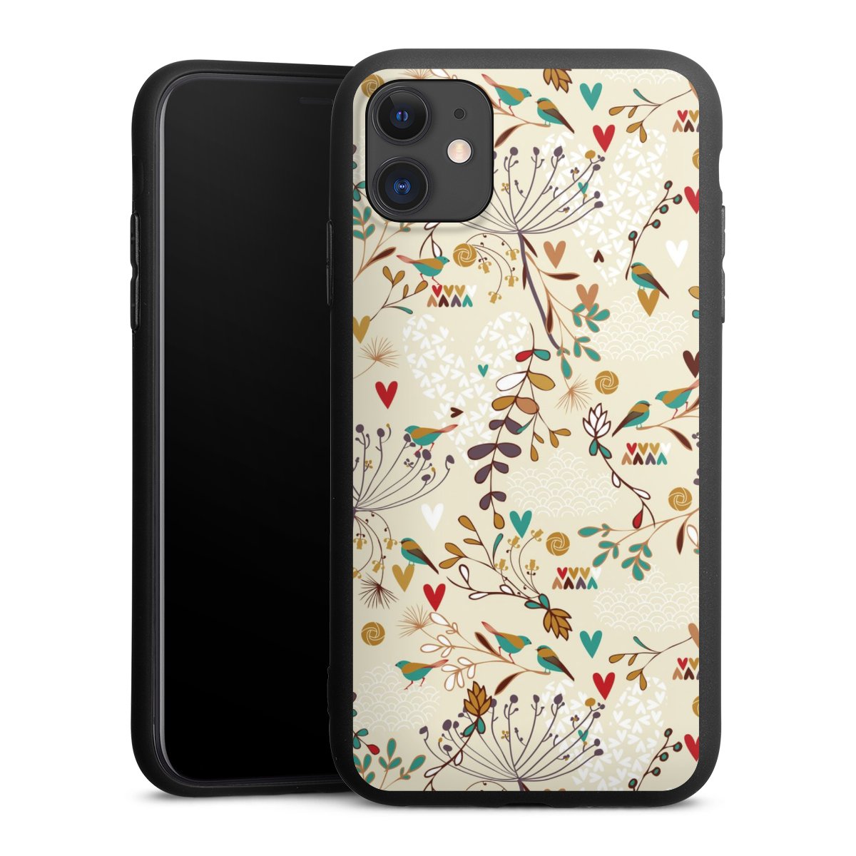 iPhone 11 Handy Premium Silikon Hülle Handyhülle schwarz Case Bird Flowers Retro Silikon Premium Case