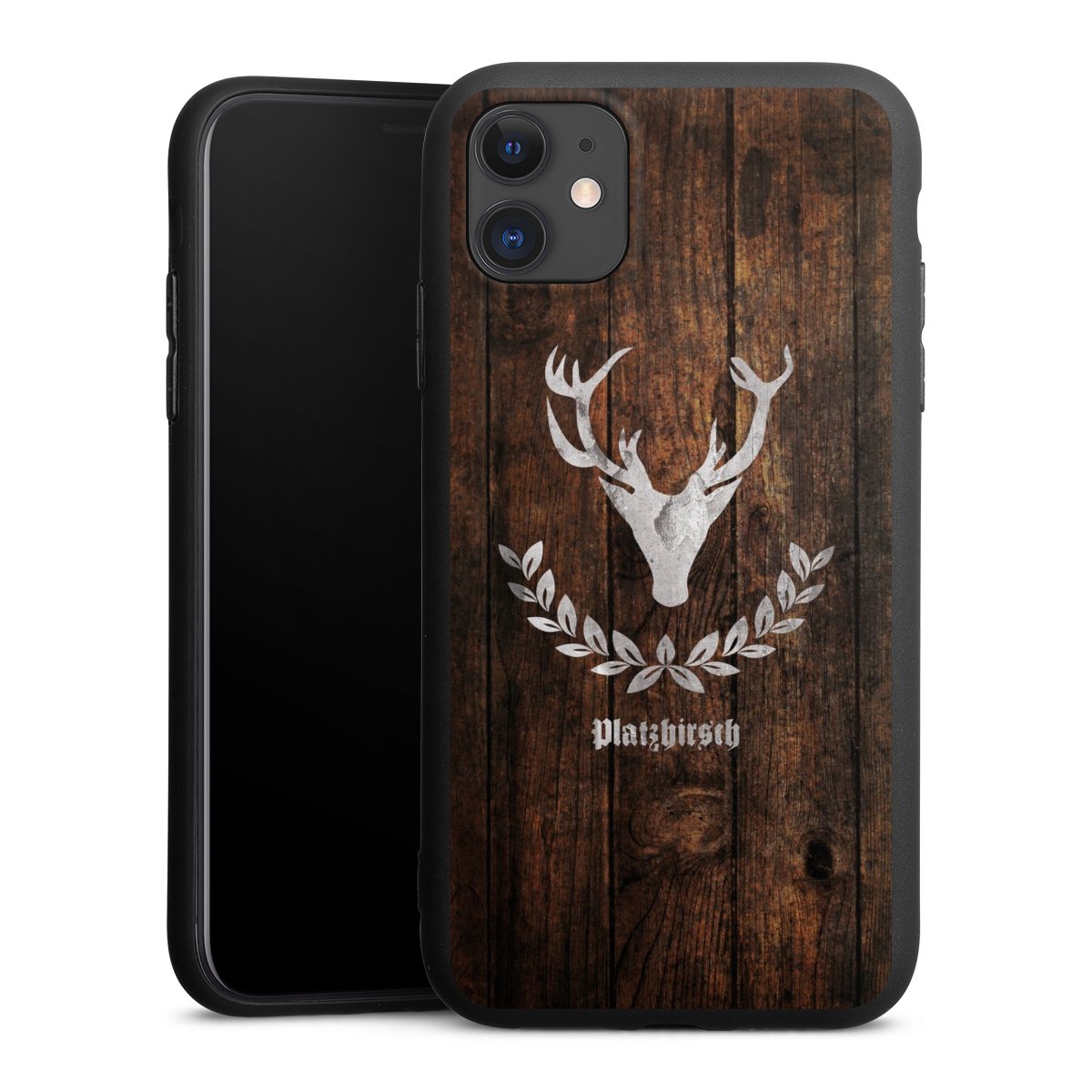 iPhone 11 Handy Premium Silikon Hülle Handyhülle schwarz Case Deer Wood Wooden Look Silikon Premium Case