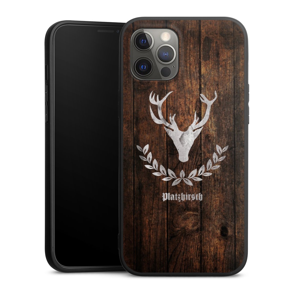 iPhone 12 Pro Max Handy Premium Silikon Hülle Handyhülle schwarz Case Deer Wood Wooden Look Silikon Premium Case