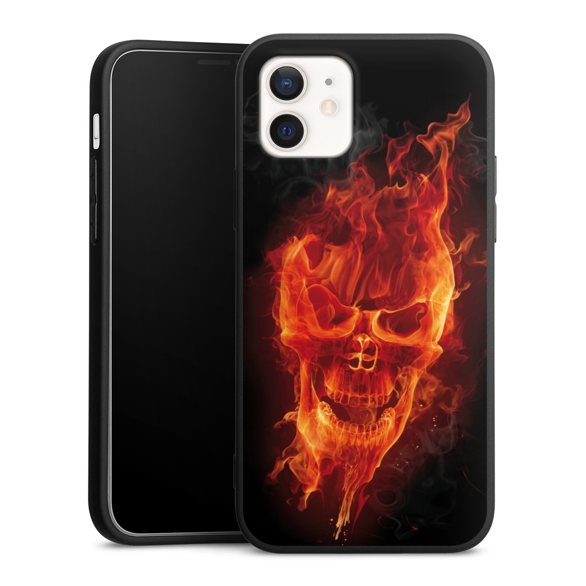 iPhone 12 Handy Premium Silikon Hülle Handyhülle schwarz Case Totenkopf Skull Fire Silikon Premium Case