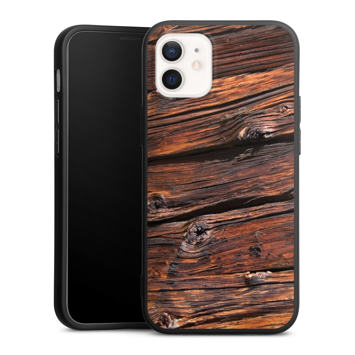 iPhone 12 mini Handy Premium Silikon Hülle Handyhülle schwarz Case Beams Wooden Look Wood Silikon Premium Case