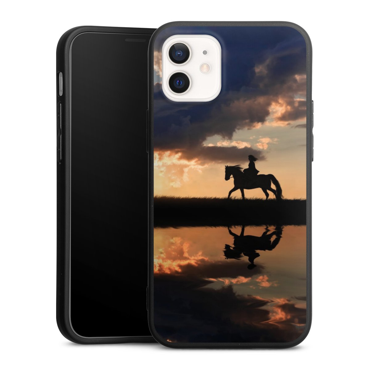 iPhone 12 mini Handy Premium Silikon Hülle Handyhülle schwarz Case Horse Sunset Horseback Riding Silikon Premium Case