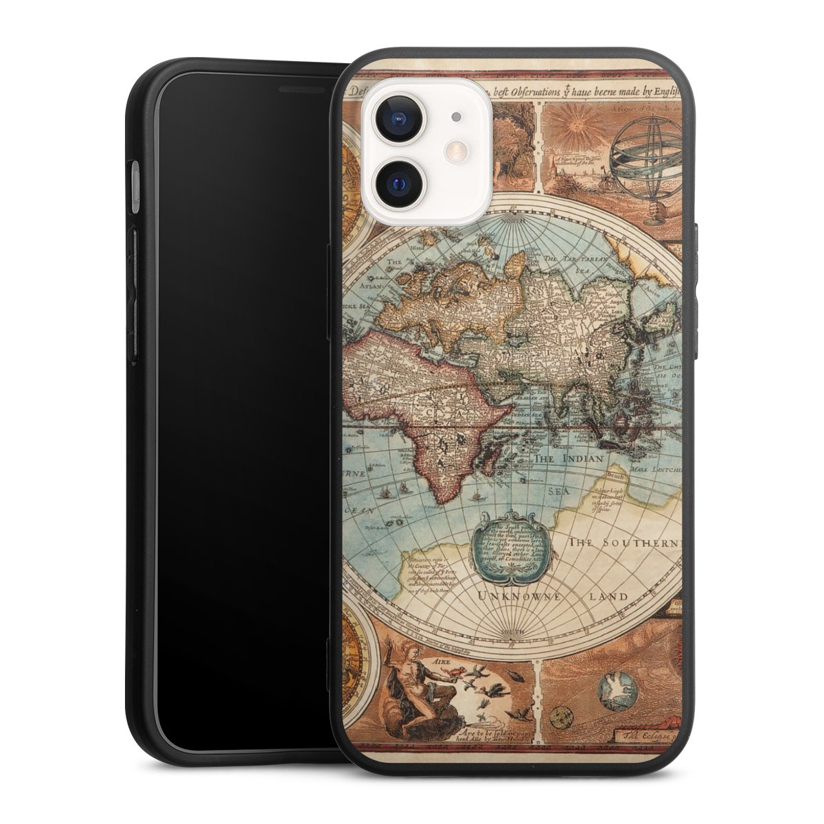 iPhone 12 mini Handy Premium Silikon Hülle Handyhülle schwarz Case World Map Vintage Map Silikon Premium Case