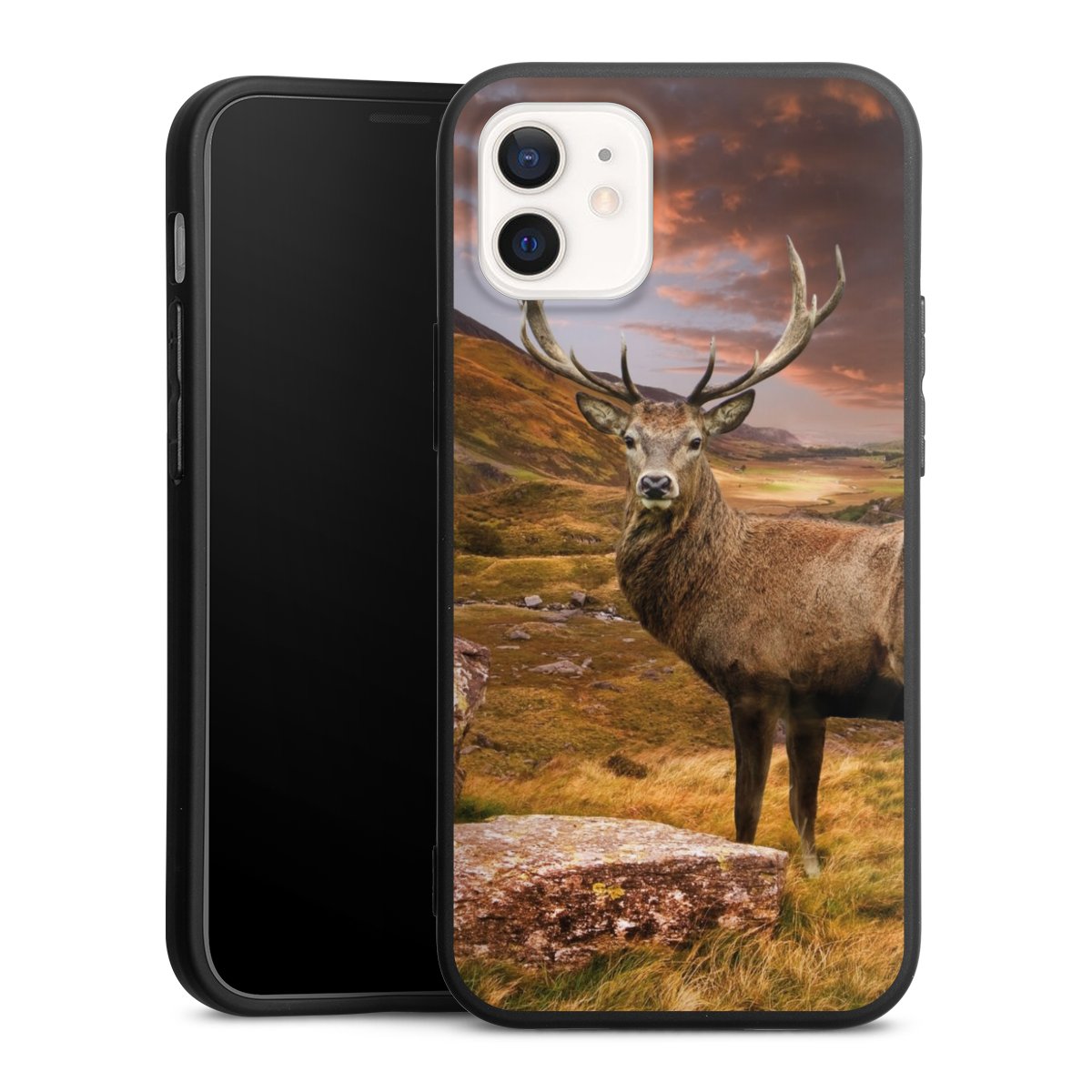 iPhone 12 mini Handy Premium Silikon Hülle Handyhülle schwarz Case Meadow Mountain Deer Silikon Premium Case