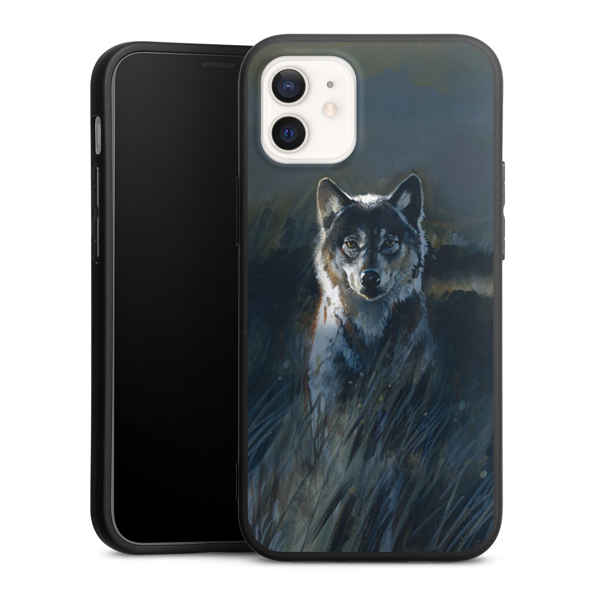 iPhone 12 mini Handy Premium Silikon Hülle Handyhülle schwarz Case Nature Wolf Painting Silikon Premium Case