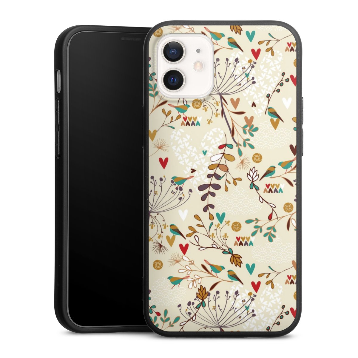 iPhone 12 mini Handy Premium Silikon Hülle Handyhülle schwarz Case Bird Flowers Retro Silikon Premium Case