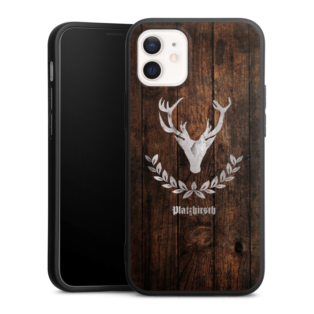 iPhone 12 mini Handy Premium Silikon Hülle Handyhülle schwarz Case Deer Wood Wooden Look Silikon Premium Case