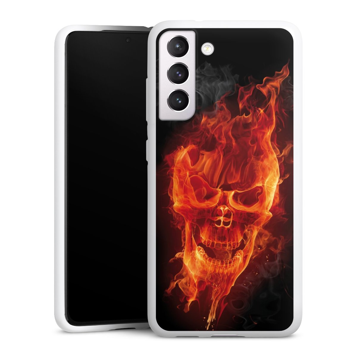 Galaxy S21 FE 5G Handy Silikon Hülle Case weiß Handyhülle Totenkopf Skull Fire Silikon Case