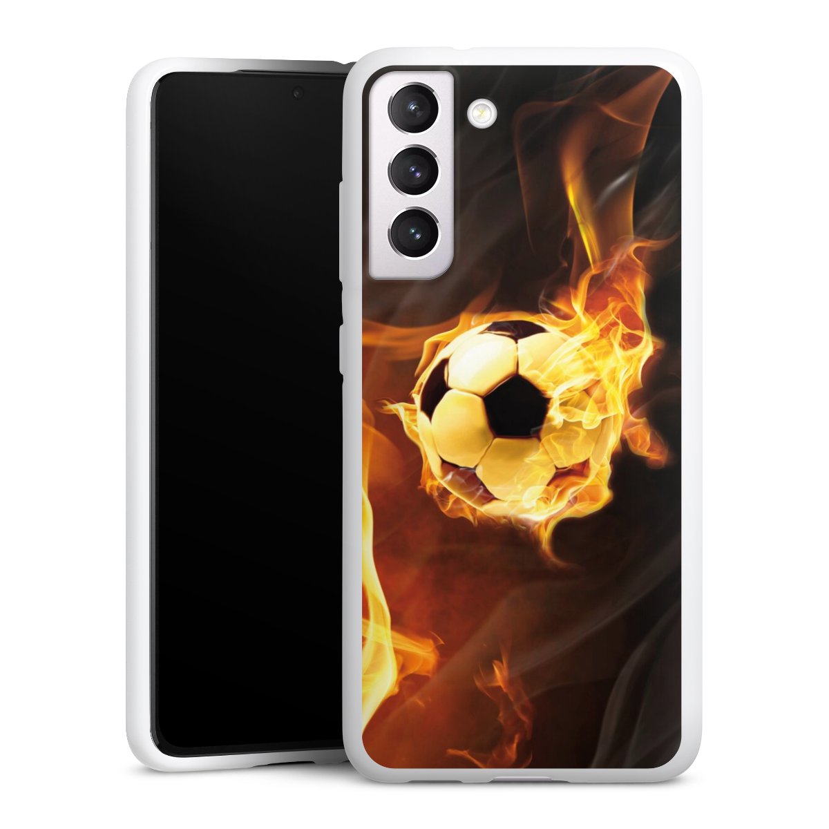 Galaxy S21 FE 5G Handy Silikon Hülle Case weiß Handyhülle Ball Fire Soccer Silikon Case