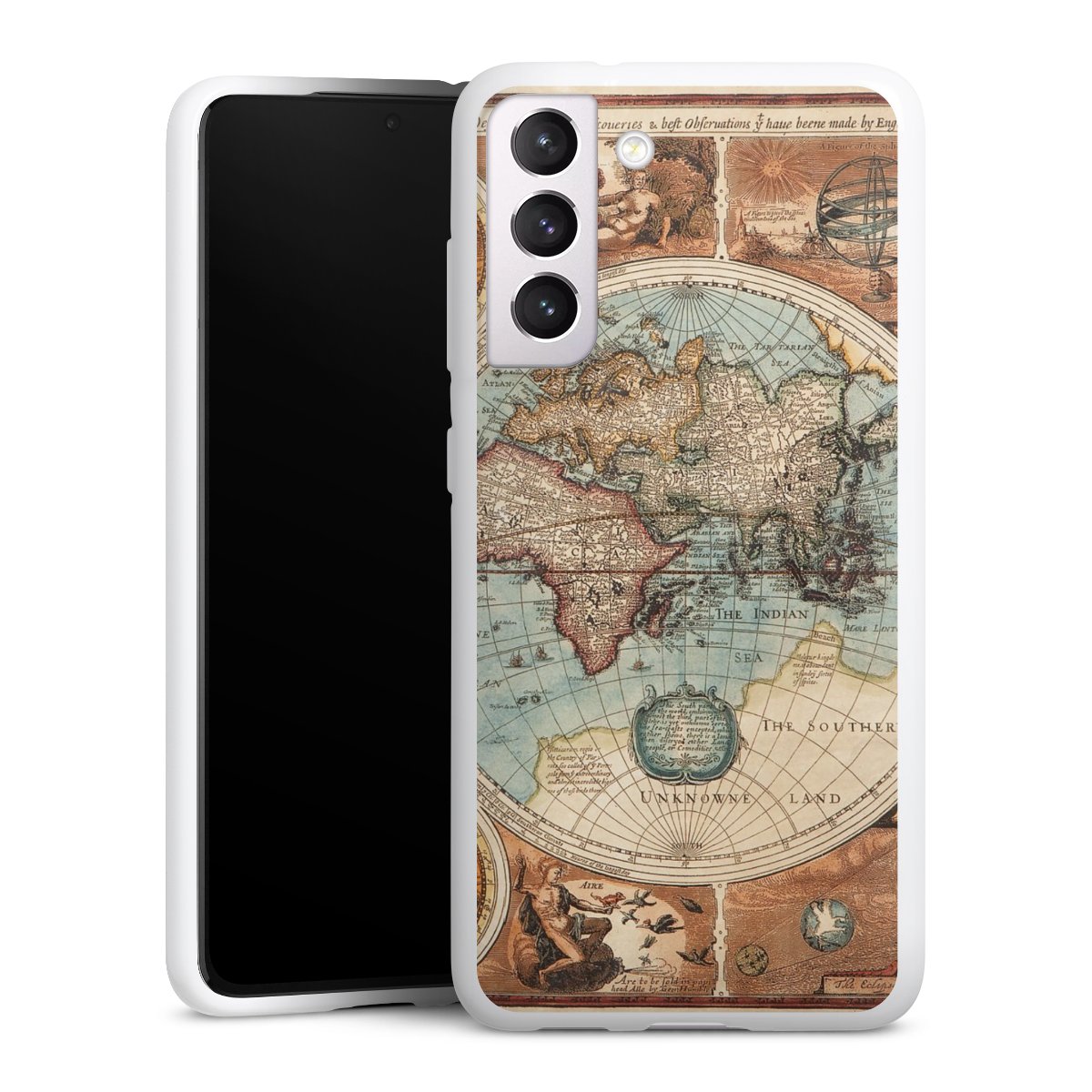 Galaxy S21 FE 5G Handy Silikon Hülle Case weiß Handyhülle World Map Vintage Map Silikon Case