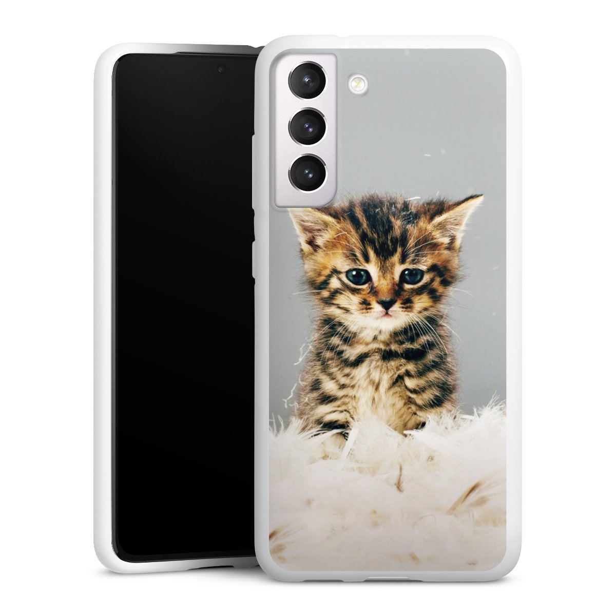 Galaxy S21 FE 5G Handy Silikon Hülle Case weiß Handyhülle Cat Feather Pet Silikon Case