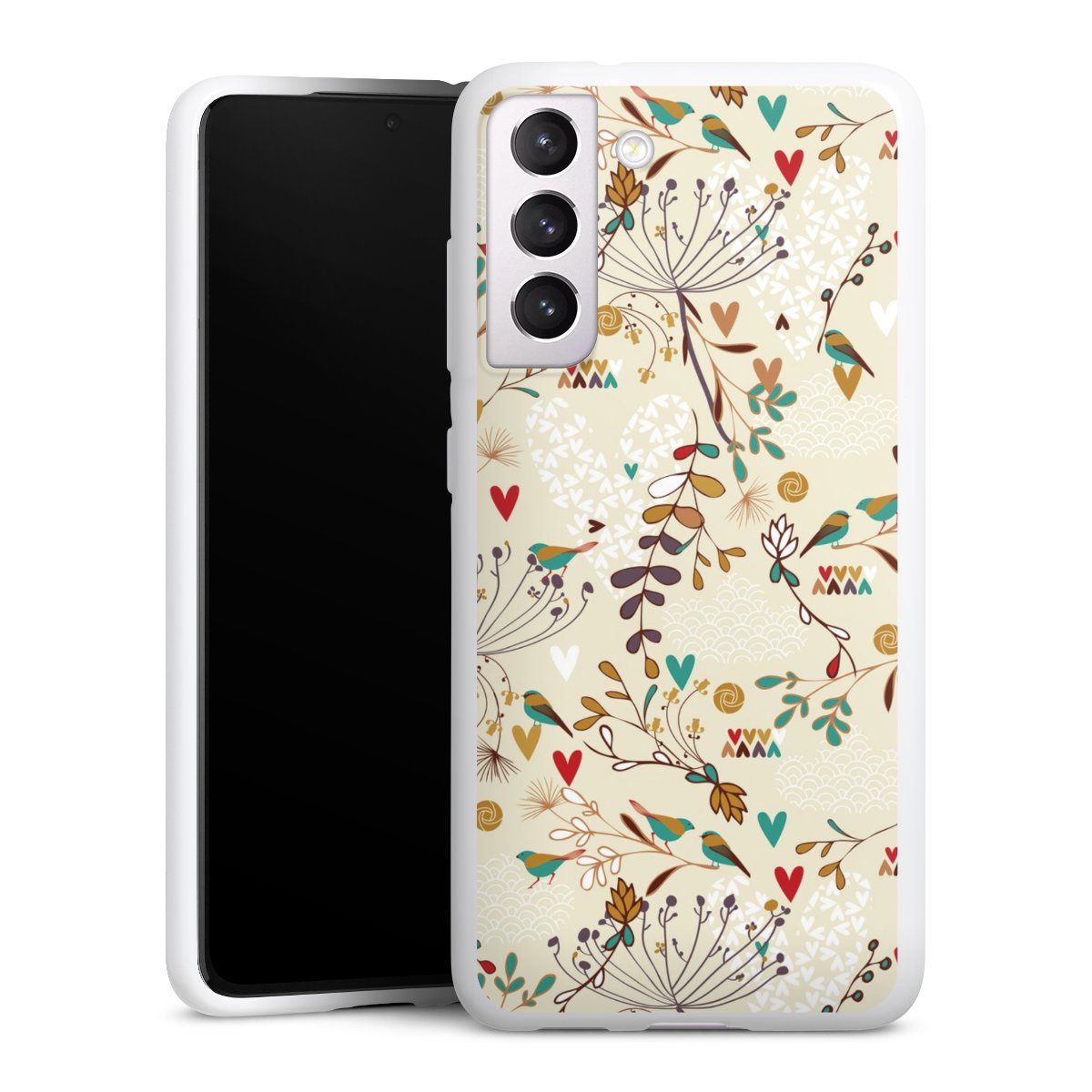 Galaxy S21 FE 5G Handy Silikon Hülle Case weiß Handyhülle Bird Flowers Retro Silikon Case