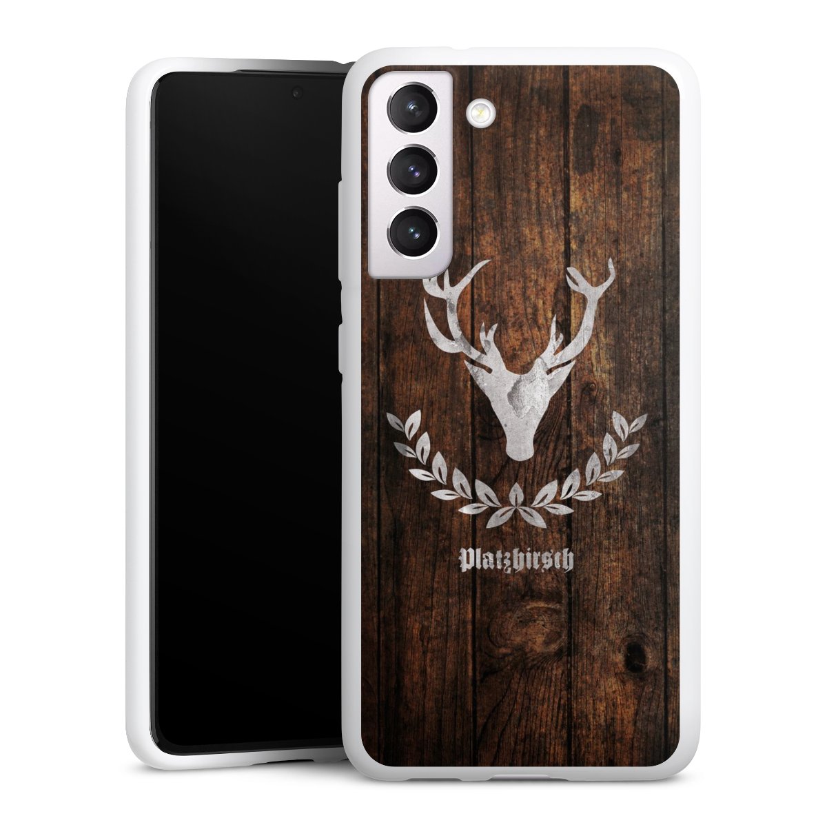 Galaxy S21 FE 5G Handy Silikon Hülle Case weiß Handyhülle Deer Wood Wooden Look Silikon Case