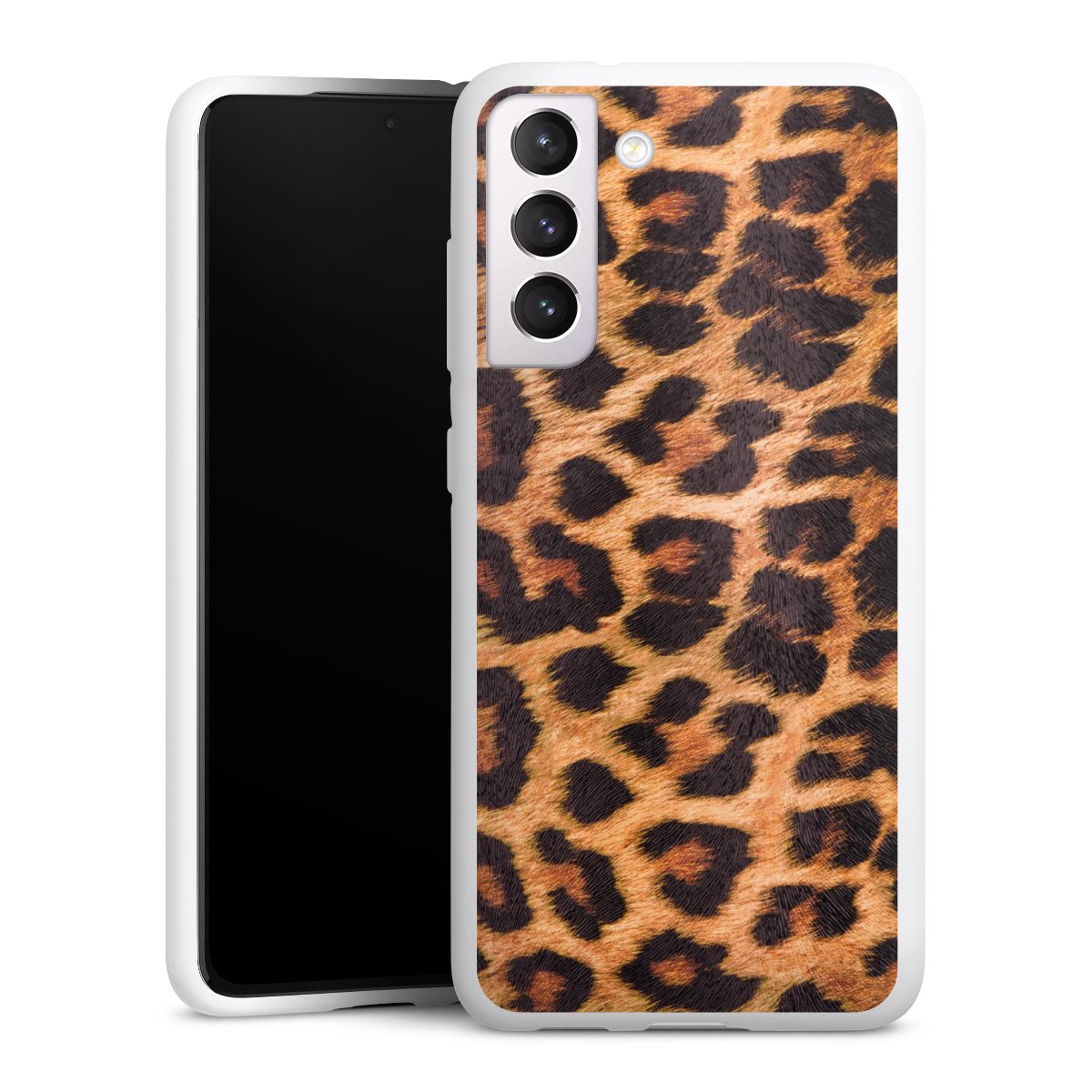 Galaxy S21 FE 5G Handy Silikon Hülle Case weiß Handyhülle Animal Print Leopard Fur Silikon Case