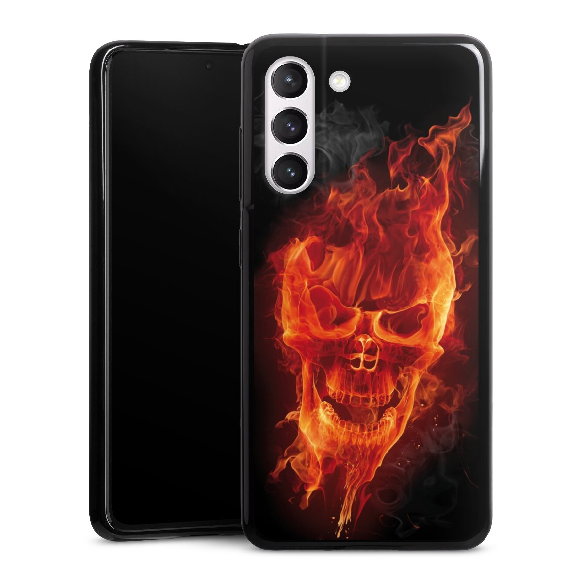 Galaxy S21 FE 5G Handy Silikon Hülle Case schwarz Handyhülle Totenkopf Skull Fire