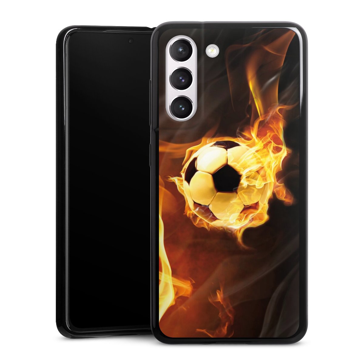 Galaxy S21 FE 5G Handy Silikon Hülle Case schwarz Handyhülle Ball Fire Soccer