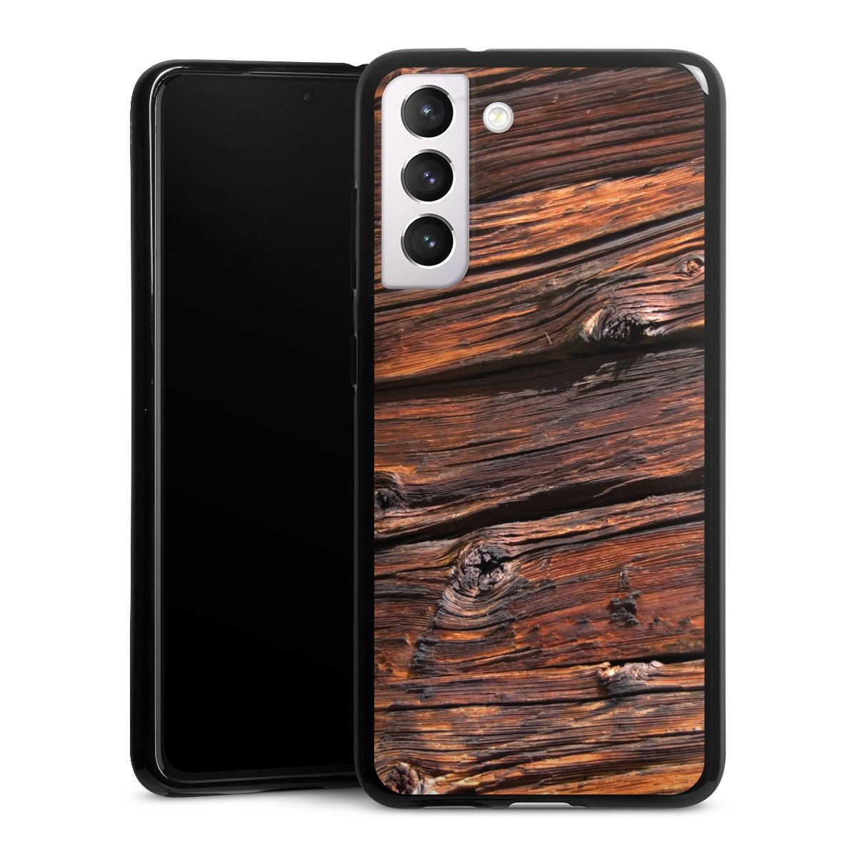 Galaxy S21 FE 5G Handy Silikon Hülle Case schwarz Handyhülle Beams Wooden Look Wood