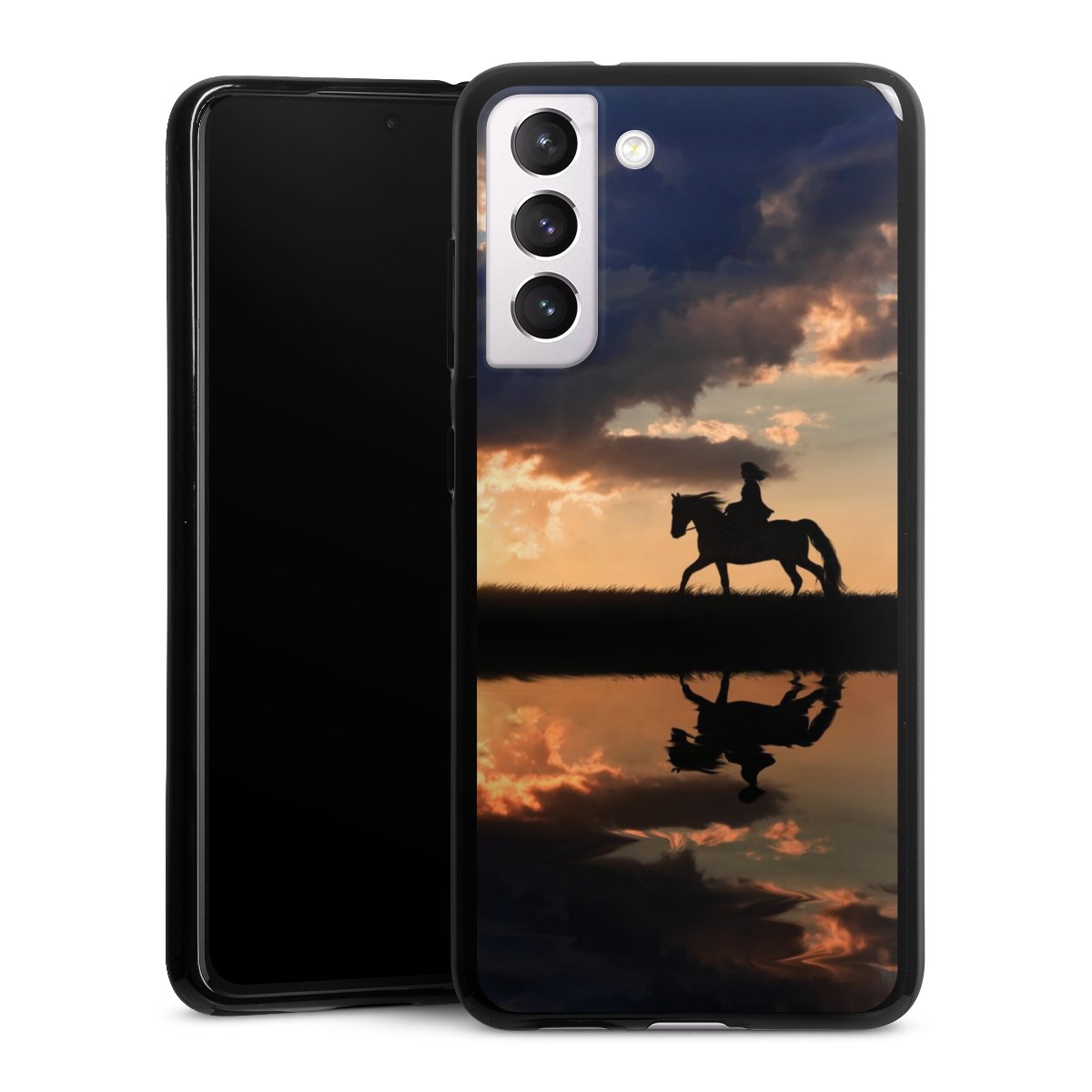 Galaxy S21 FE 5G Handy Silikon Hülle Case schwarz Handyhülle Horse Sunset Horseback Riding