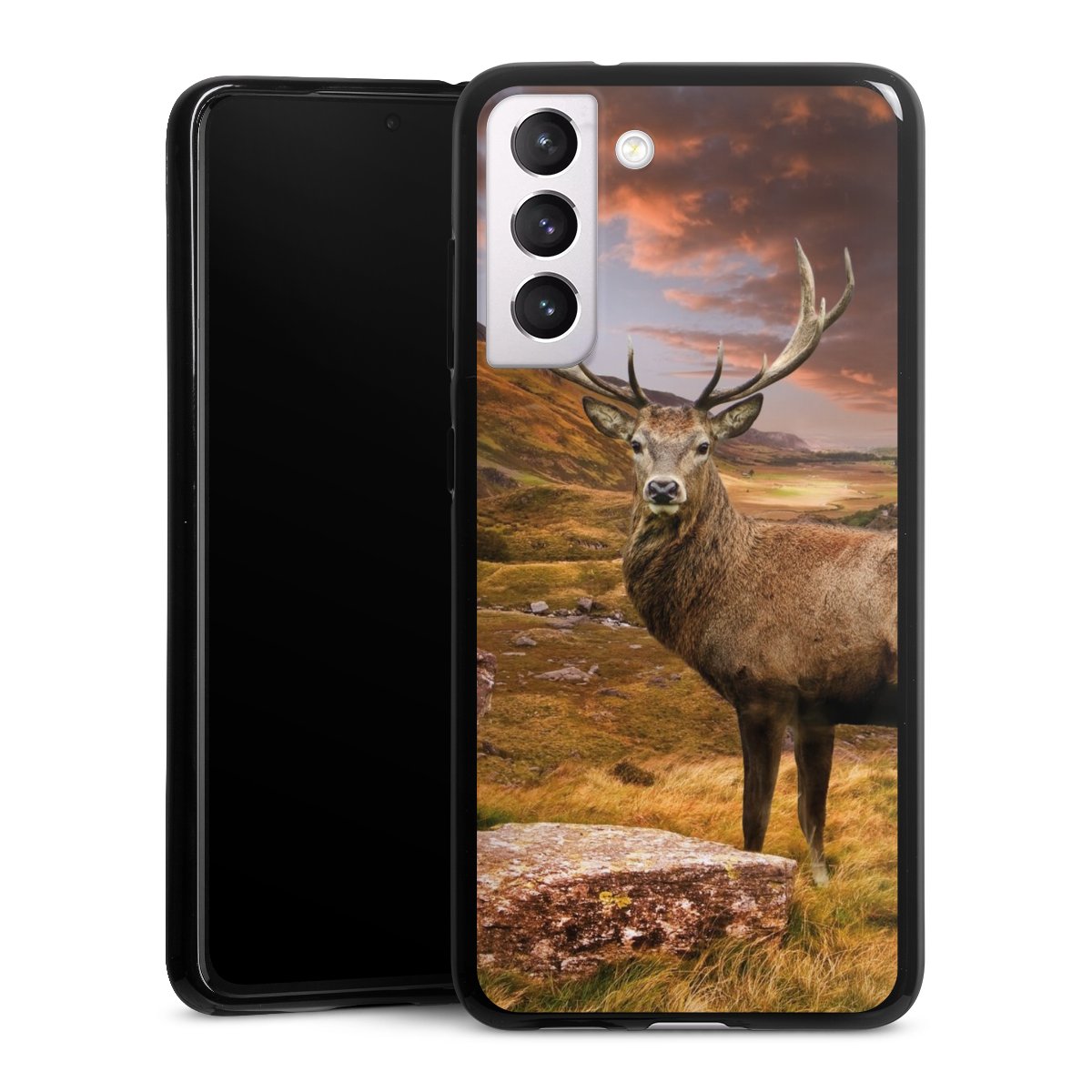 Galaxy S21 FE 5G Handy Silikon Hülle Case schwarz Handyhülle Meadow Mountain Deer