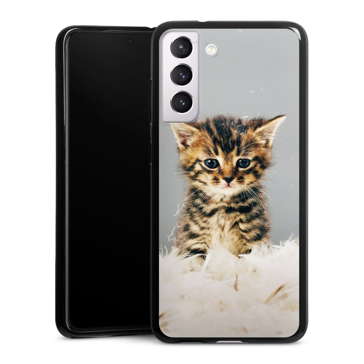 Galaxy S21 FE 5G Handy Silikon Hülle Case schwarz Handyhülle Cat Feather Pet