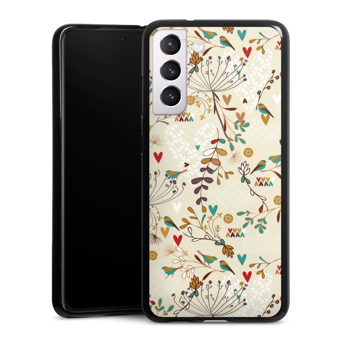 Galaxy S21 FE 5G Handy Silikon Hülle Case schwarz Handyhülle Bird Flowers Retro