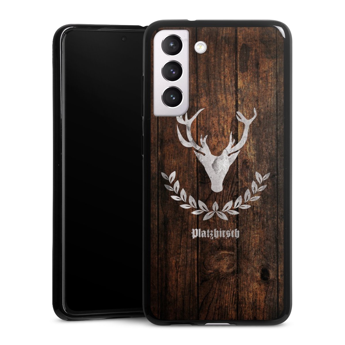 Galaxy S21 FE 5G Handy Silikon Hülle Case schwarz Handyhülle Deer Wood Wooden Look