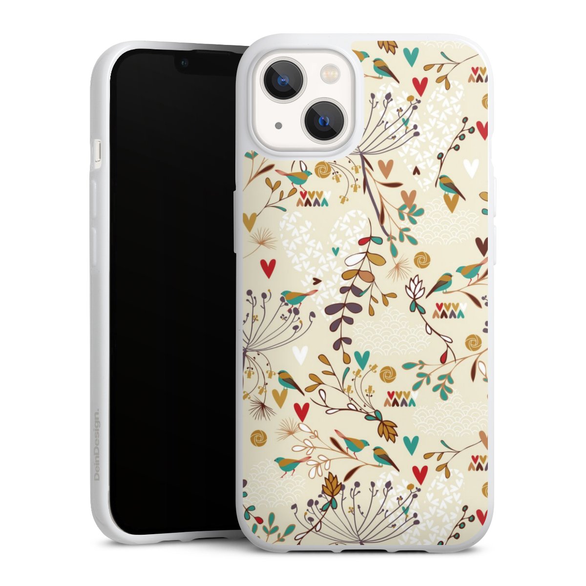 iPhone 13 Handy Silikon Hülle Case weiß Handyhülle Bird Flowers Retro Silikon Case