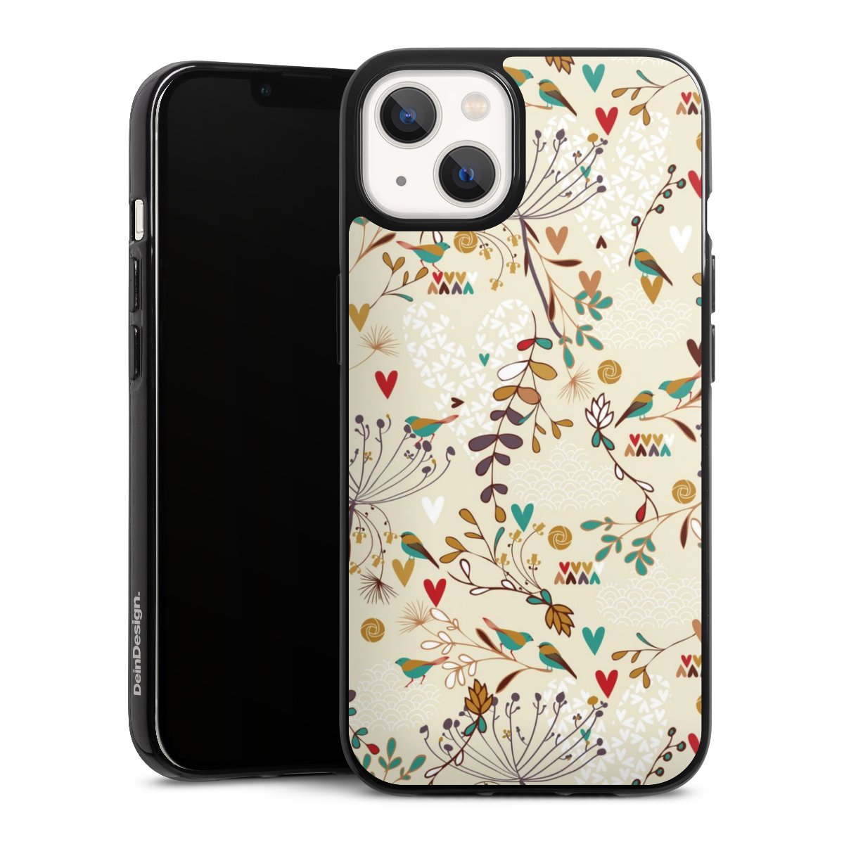 iPhone 13 Handy Silikon Hülle Case schwarz Handyhülle Bird Flowers Retro