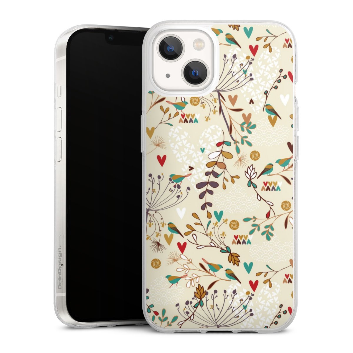 iPhone 13 Handy Silikon Hülle Case transparent Handyhülle Bird Flowers Retro Silikon Case