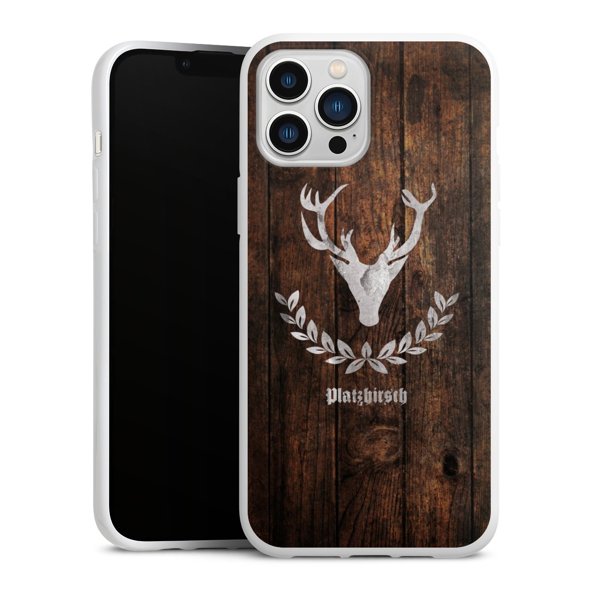 iPhone 13 Pro Max Handy Silikon Hülle Case weiß Handyhülle Deer Wood Wooden Look Silikon Case