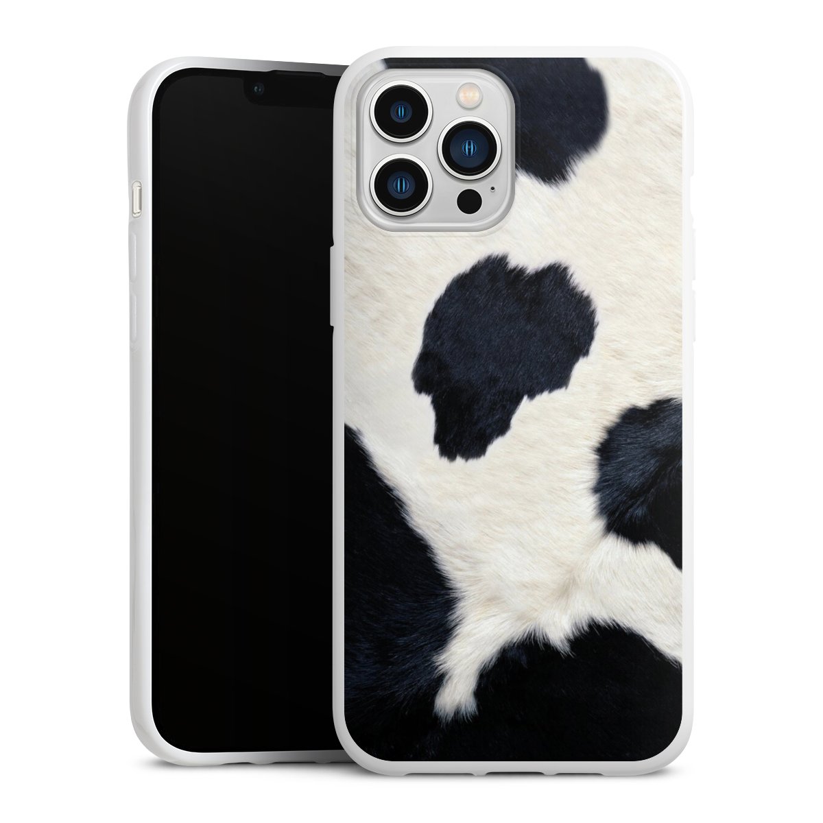 iPhone 13 Pro Max Handy Silikon Hülle Case weiß Handyhülle Animal Look Animal Print Cow Skin Silikon Case