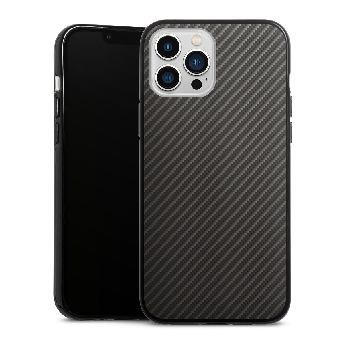 iPhone 13 Pro Max Handy Silikon Hülle Case schwarz Handyhülle Metallic Look Carbon Muster