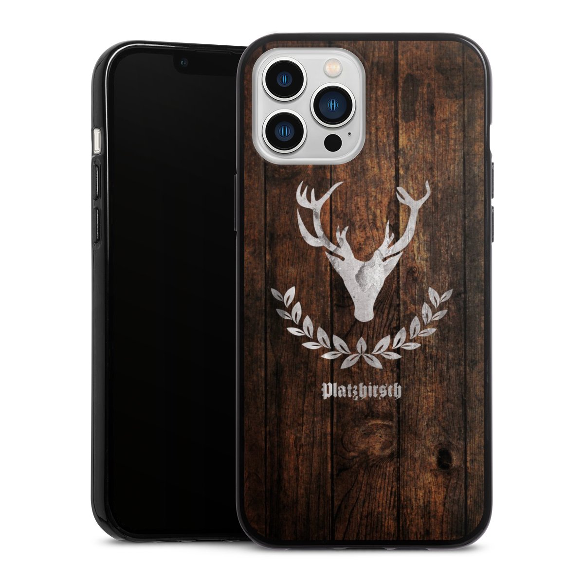 iPhone 13 Pro Max Handy Silikon Hülle Case schwarz Handyhülle Deer Wood Wooden Look