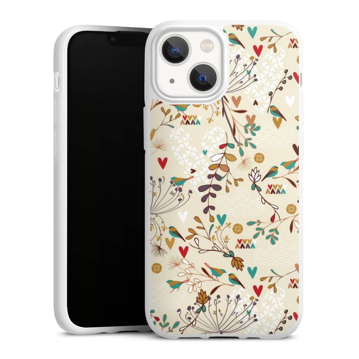 iPhone 13 Mini Handy Silikon Hülle Case weiß Handyhülle Bird Flowers Retro Silikon Case