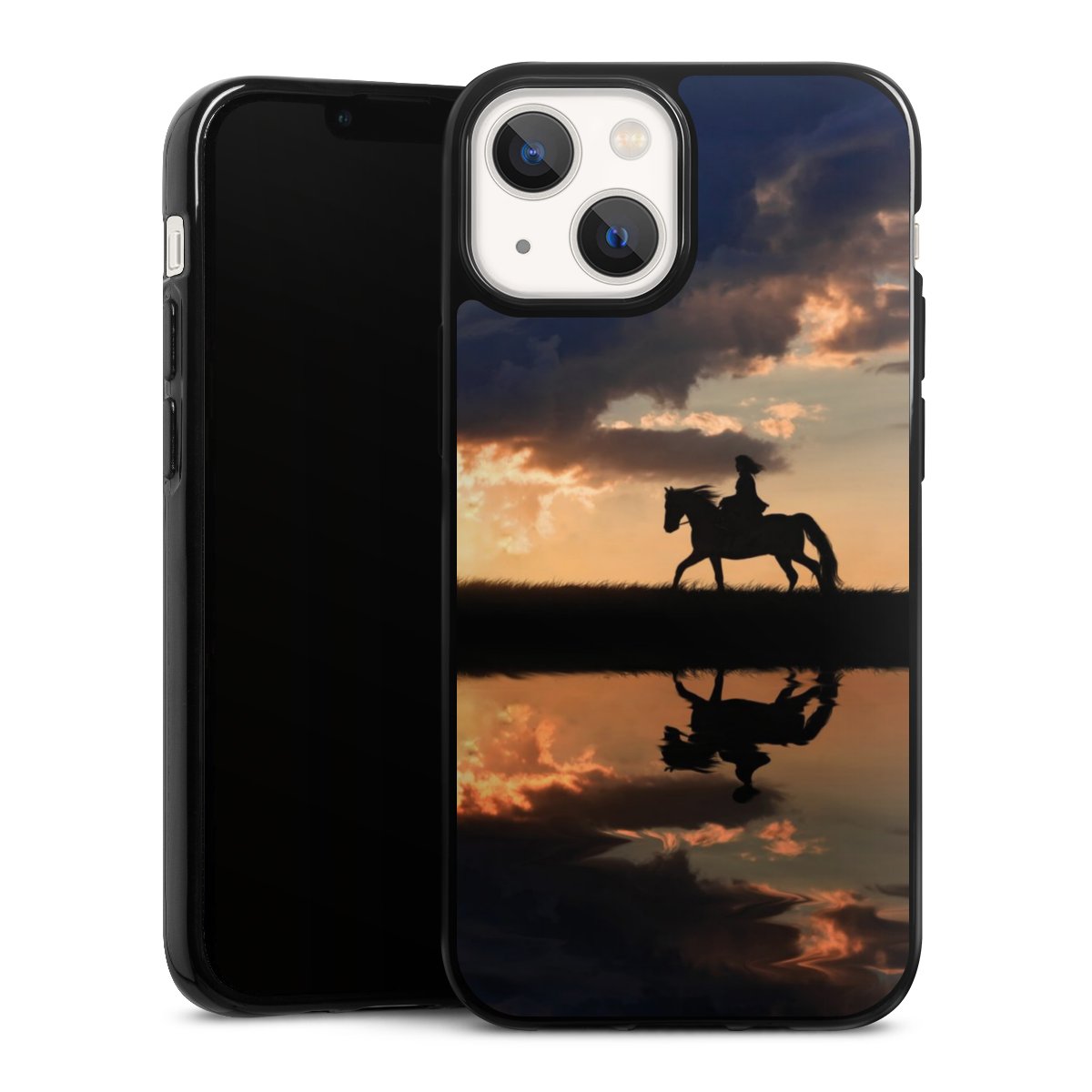 iPhone 13 Mini Handy Silikon Hülle Case schwarz Handyhülle Horse Sunset Horseback Riding