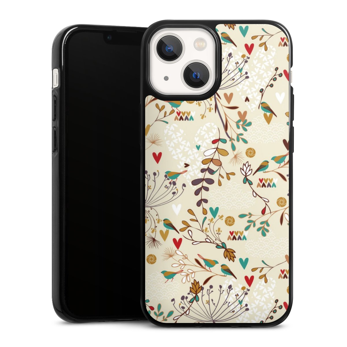 iPhone 13 Mini Handy Silikon Hülle Case schwarz Handyhülle Bird Flowers Retro