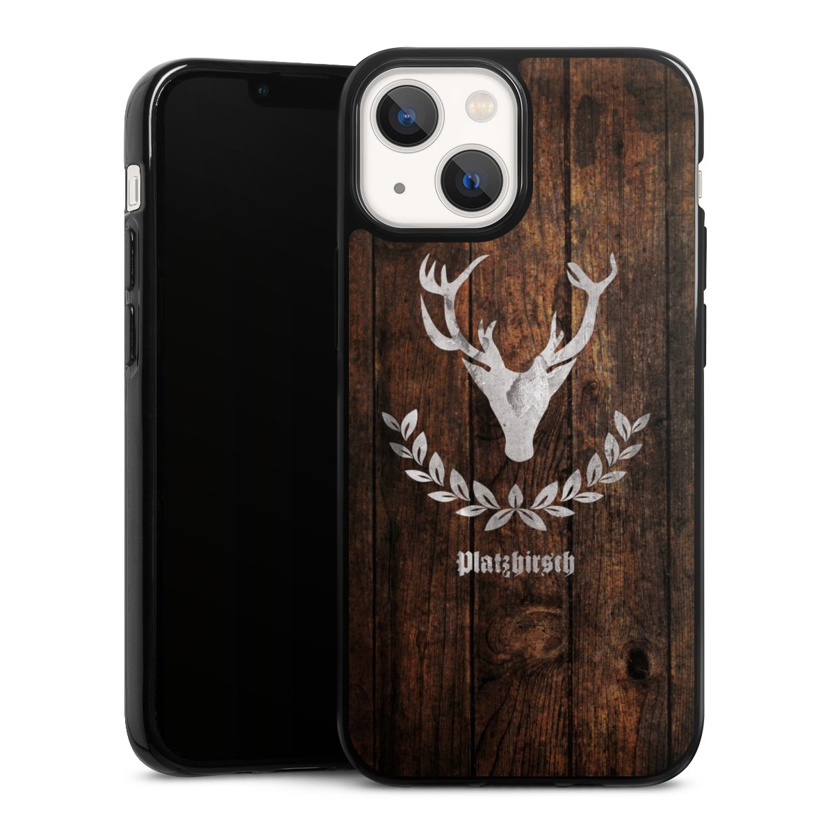 iPhone 13 Mini Handy Silikon Hülle Case schwarz Handyhülle Deer Wood Wooden Look