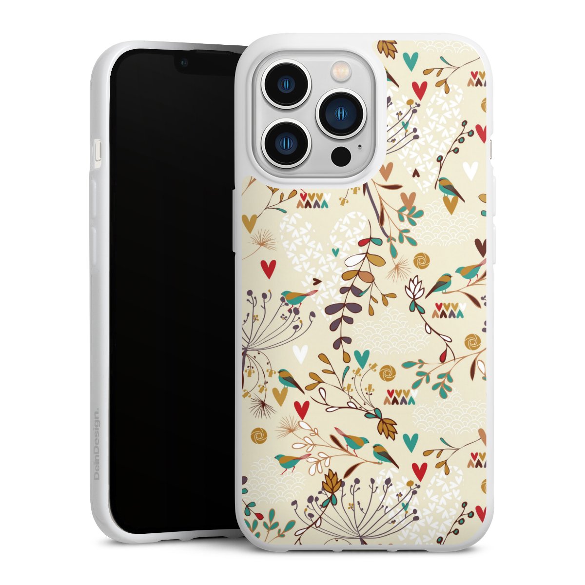 iPhone 13 Pro Handy Silikon Hülle Case weiß Handyhülle Bird Flowers Retro Silikon Case