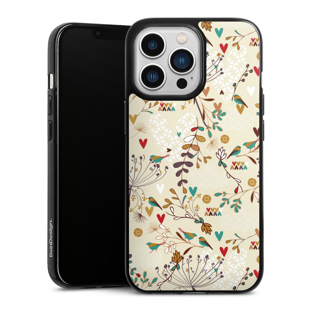 iPhone 13 Pro Handy Silikon Hülle Case schwarz Handyhülle Bird Flowers Retro