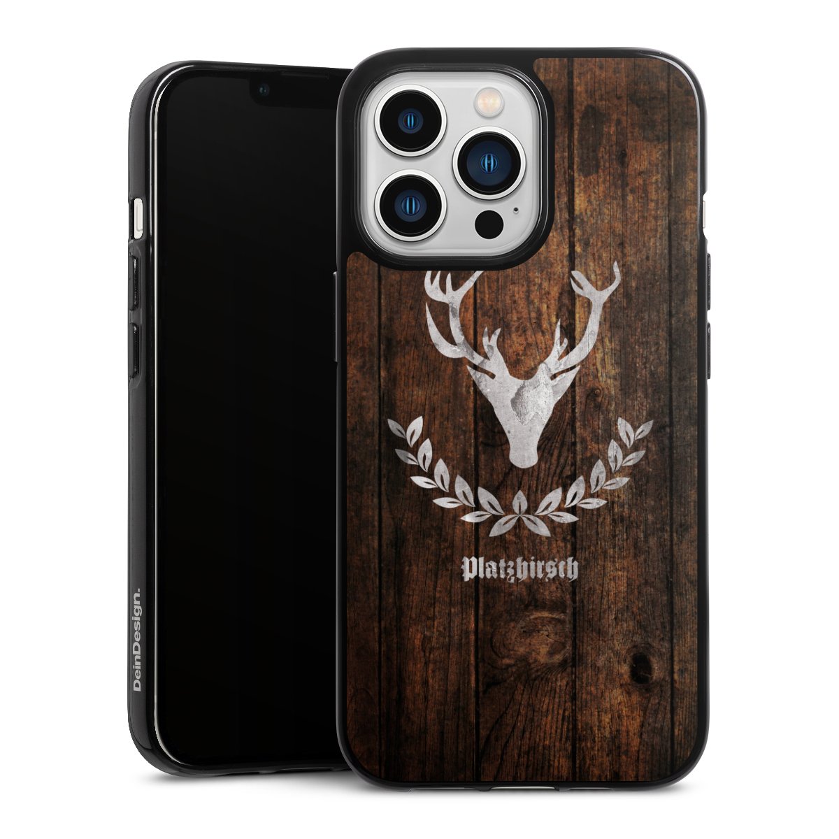 iPhone 13 Pro Handy Silikon Hülle Case schwarz Handyhülle Deer Wood Wooden Look