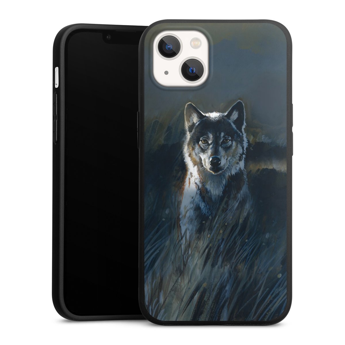 iPhone 13 Handy Premium Silikon Hülle Handyhülle schwarz Case Nature Wolf Painting Silikon Premium Case