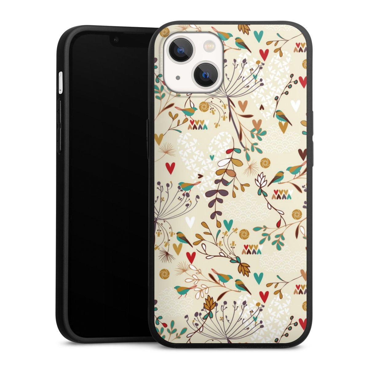 iPhone 13 Handy Premium Silikon Hülle Handyhülle schwarz Case Bird Flowers Retro Silikon Premium Case