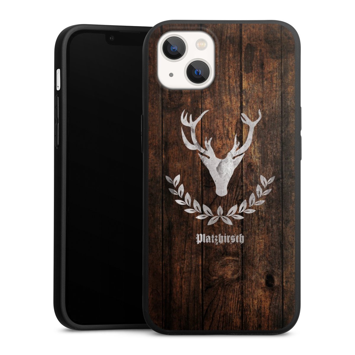 iPhone 13 Handy Premium Silikon Hülle Handyhülle schwarz Case Deer Wood Wooden Look Silikon Premium Case