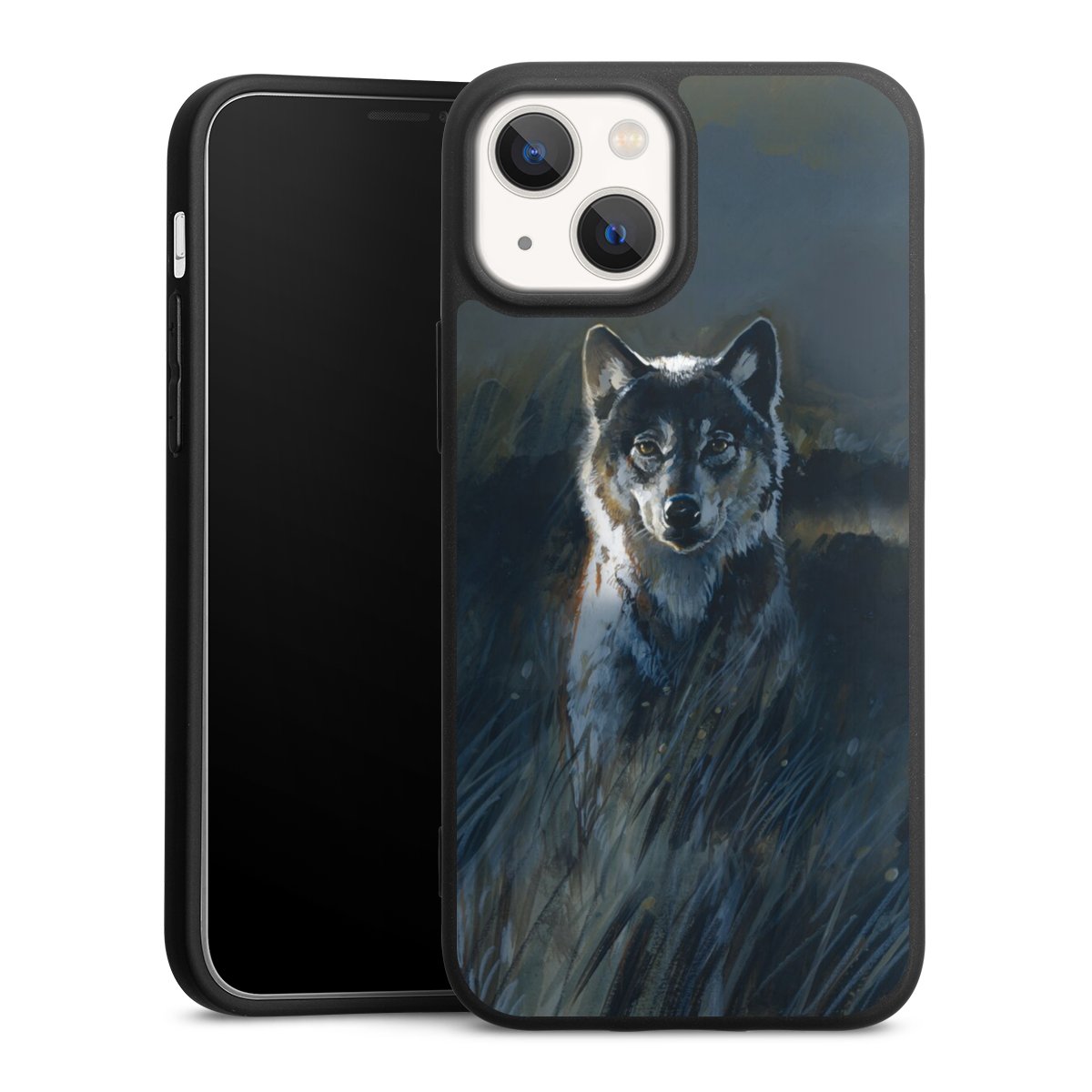 iPhone 13 Mini Handy Premium Silikon Hülle Handyhülle schwarz Case Nature Wolf Painting Silikon Premium Case