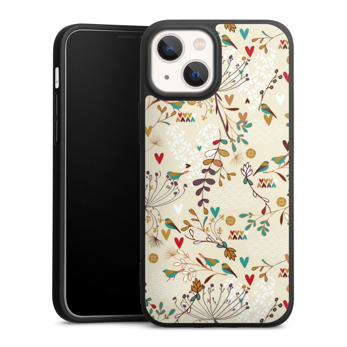 iPhone 13 Mini Handy Premium Silikon Hülle Handyhülle schwarz Case Bird Flowers Retro Silikon Premium Case