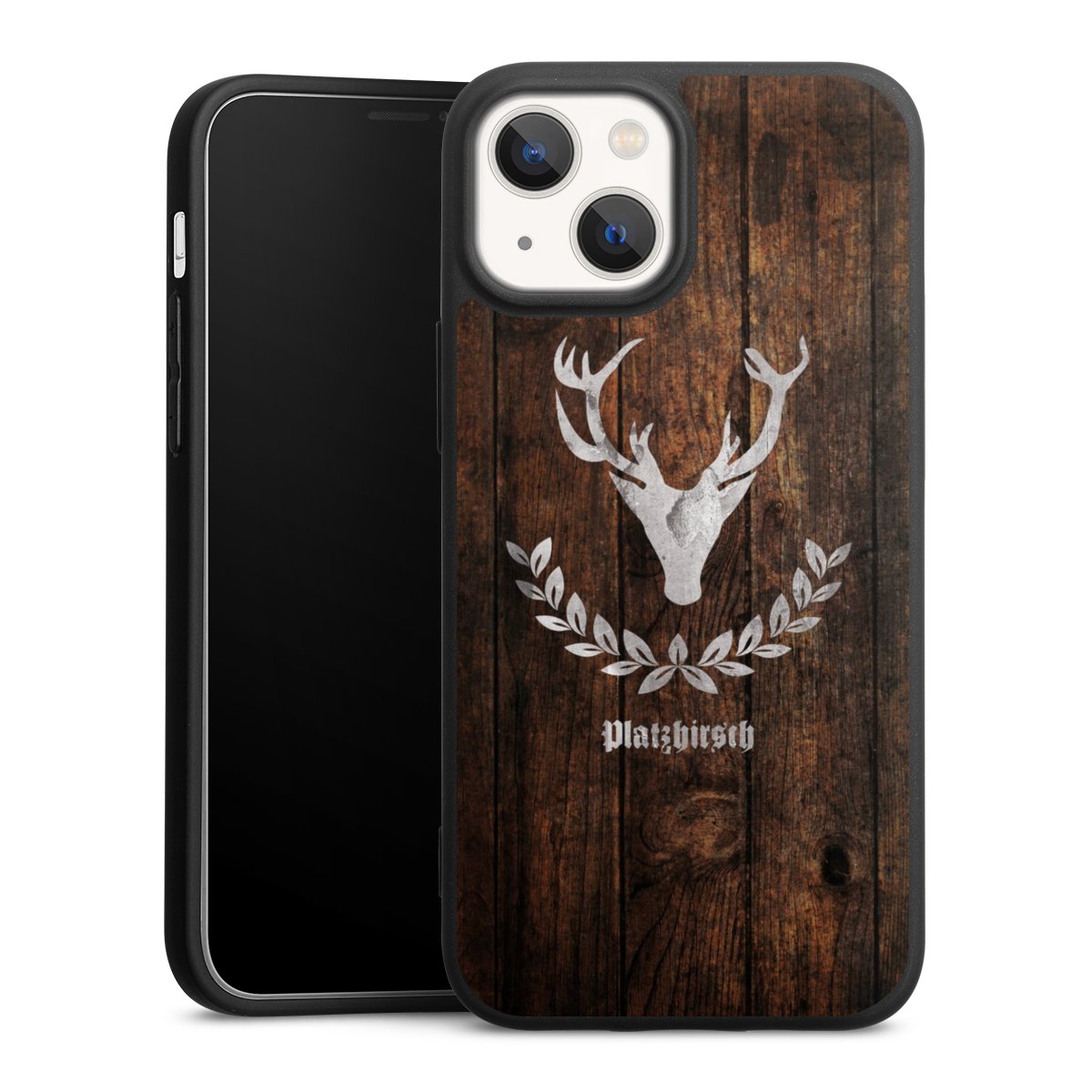 iPhone 13 Mini Handy Premium Silikon Hülle Handyhülle schwarz Case Deer Wood Wooden Look Silikon Premium Case