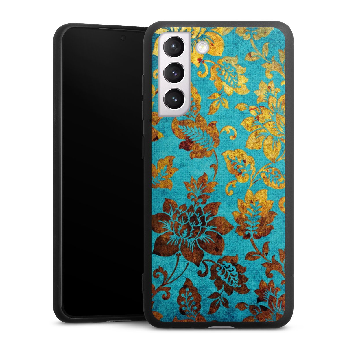 Galaxy S21 FE 5G Handy Premium Silikon Hülle Handyhülle schwarz Case Ornament Vintage Flowers Silikon Premium Case