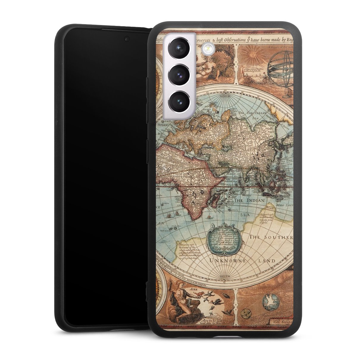 Galaxy S21 FE 5G Handy Premium Silikon Hülle Handyhülle schwarz Case World Map Vintage Map Silikon Premium Case