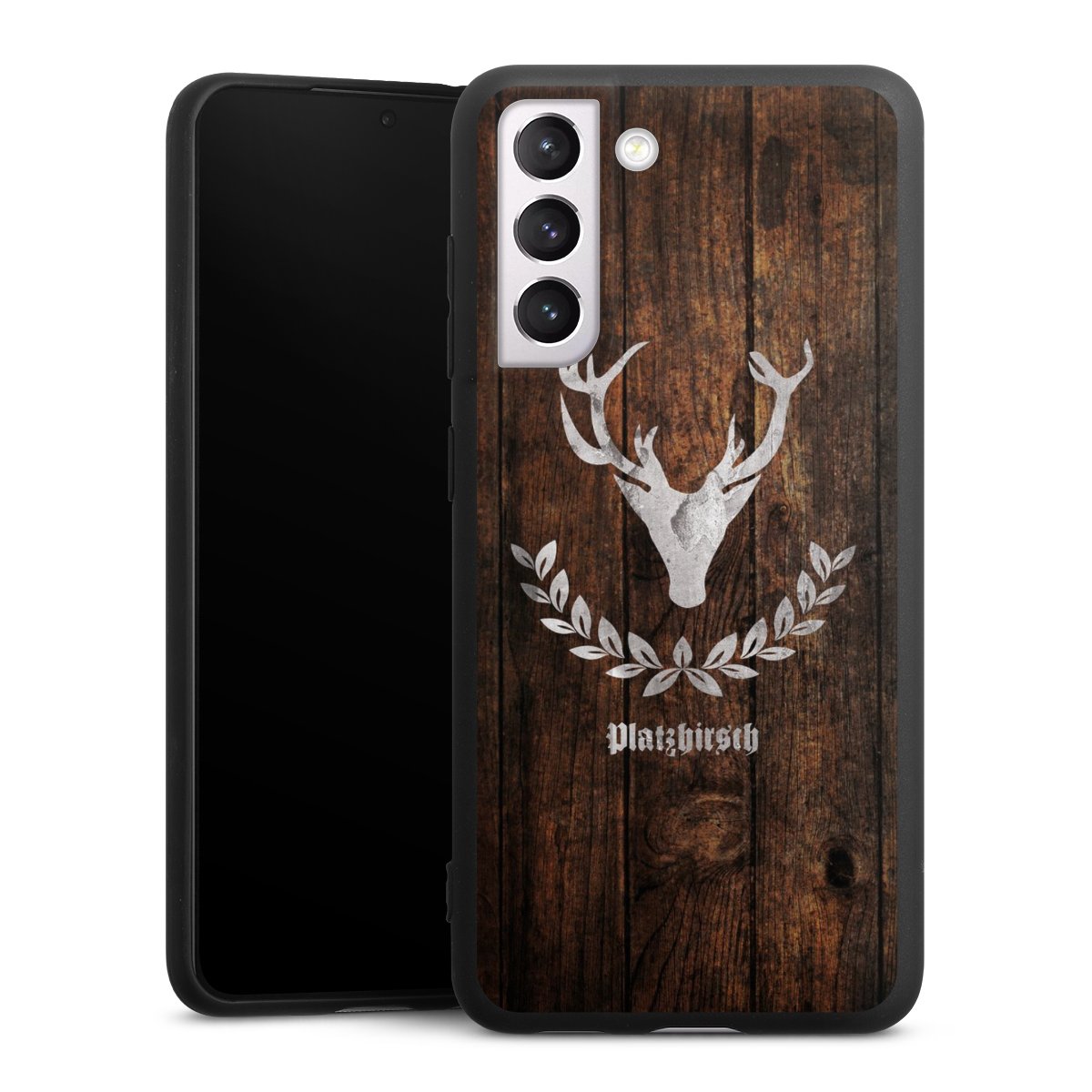 Galaxy S21 FE 5G Handy Premium Silikon Hülle Handyhülle schwarz Case Deer Wood Wooden Look Silikon Premium Case