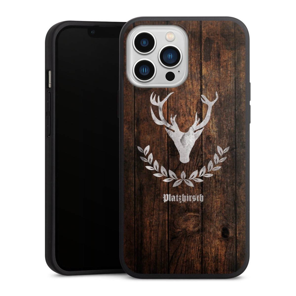 iPhone 13 Pro Max Handy Premium Silikon Hülle Handyhülle schwarz Case Deer Wood Wooden Look Silikon Premium Case